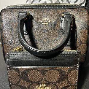 Coach Brown and Black Signature Canvas Mini Satchel with Matching Card Case